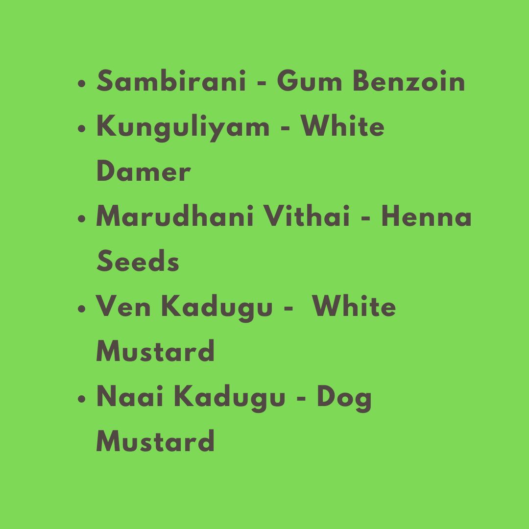 Sambirani Combo - Sambirani - White Mustard -  Vellai Kunguliyam - Naai kadugu - Marudhani Vithai